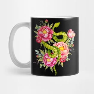 Peony Blossoms, Buds And A Green Garden Snake Mug